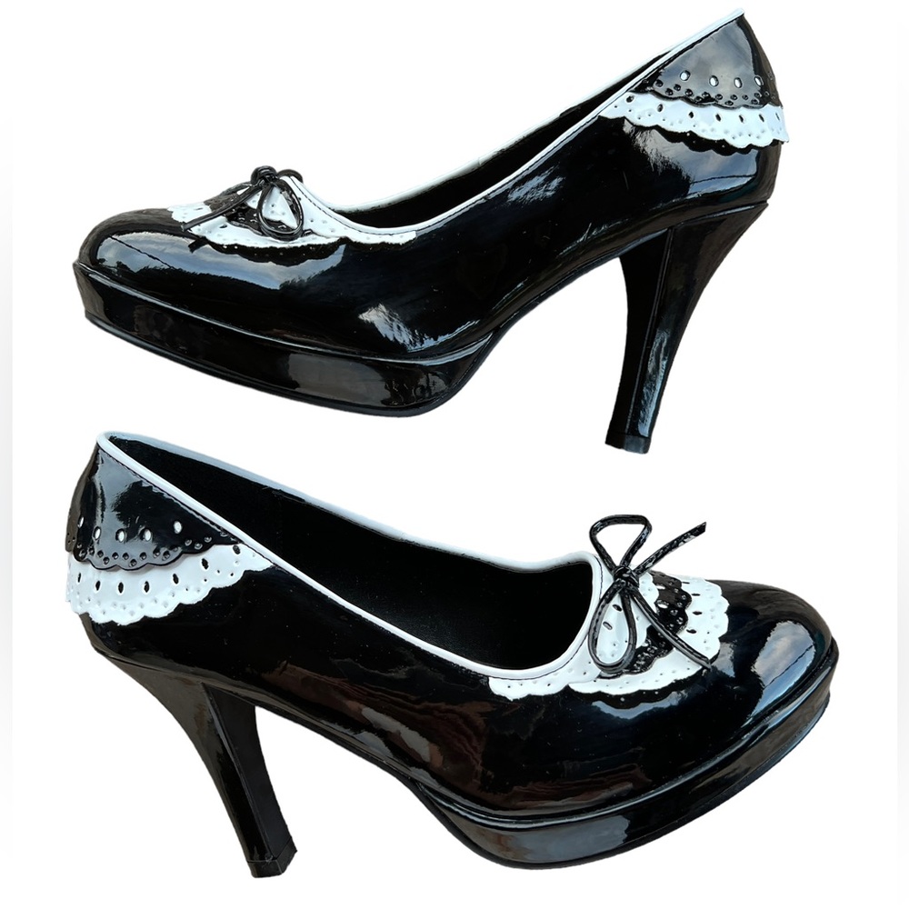 Holiday Party Ready! Vegan Patent Leather Platform Heels, Black & White - Size 9